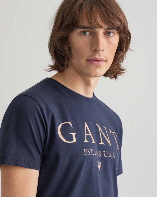 Gant Banner Shield Graphic Men's T-shirts Blue | CtjRokhxHlE