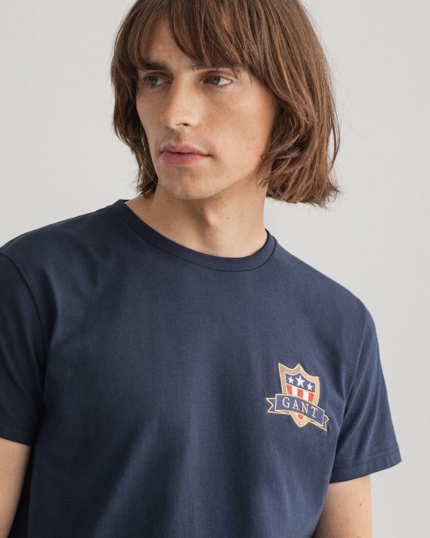 Gant Banner Shield Men's T-shirts Blue | r9G59Kl4901