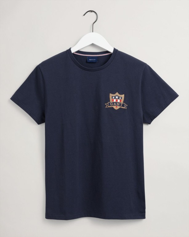 Gant Banner Shield Men's T-shirts Blue | r9G59Kl4901