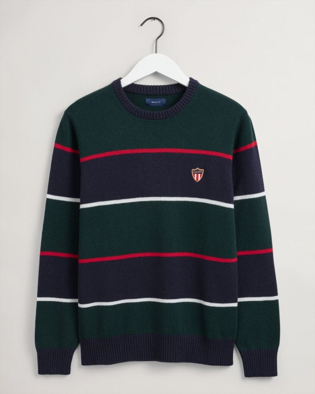 Gant Banner Shield Striped Crew Neck Men's Crewneck Jumpers Brown Green | nPcuwQKqiM6