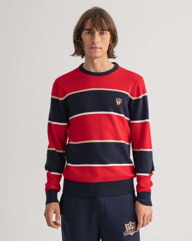 Gant Banner Shield Striped Crew Neck Men\'s Crewneck Jumpers Red | naMlk8nEiEj