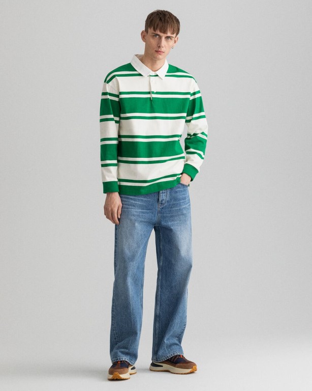 Gant Barstripe Heavy Men's Rugby Shirts Green | lqWtIbbZ6WG