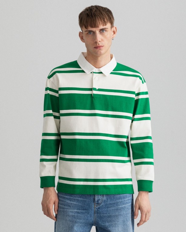 Gant Barstripe Heavy Men\'s Rugby Shirts Green | lqWtIbbZ6WG