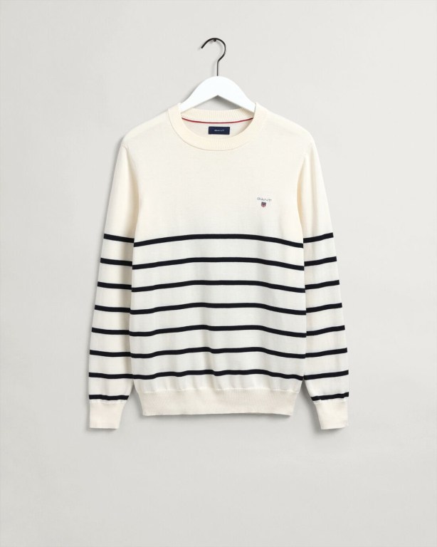 Gant Breton Stripe Crew Neck Men's Crewneck Jumpers Cream | 0ry1BX1v0uv