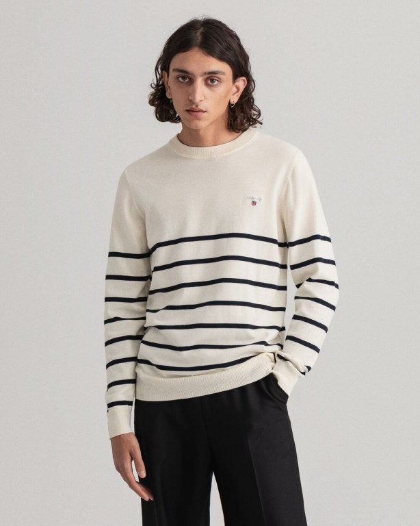 Gant Breton Stripe Crew Neck Men\'s Crewneck Jumpers Cream | 0ry1BX1v0uv