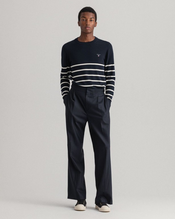 Gant Breton Stripe Crew Neck Men's Crewneck Jumpers Blue | KbsuOwHIGrO