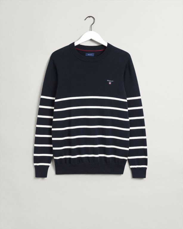 Gant Breton Stripe Crew Neck Men's Crewneck Jumpers Blue | KbsuOwHIGrO