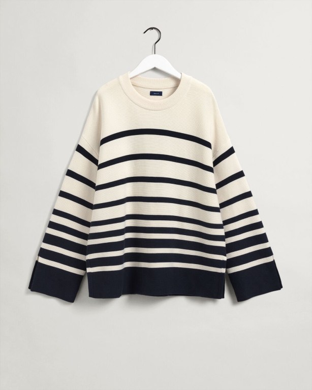 Gant Breton Stripe Crew Neck Women's Crew Neck Jumpers Cream | HbFkbRJgWe6