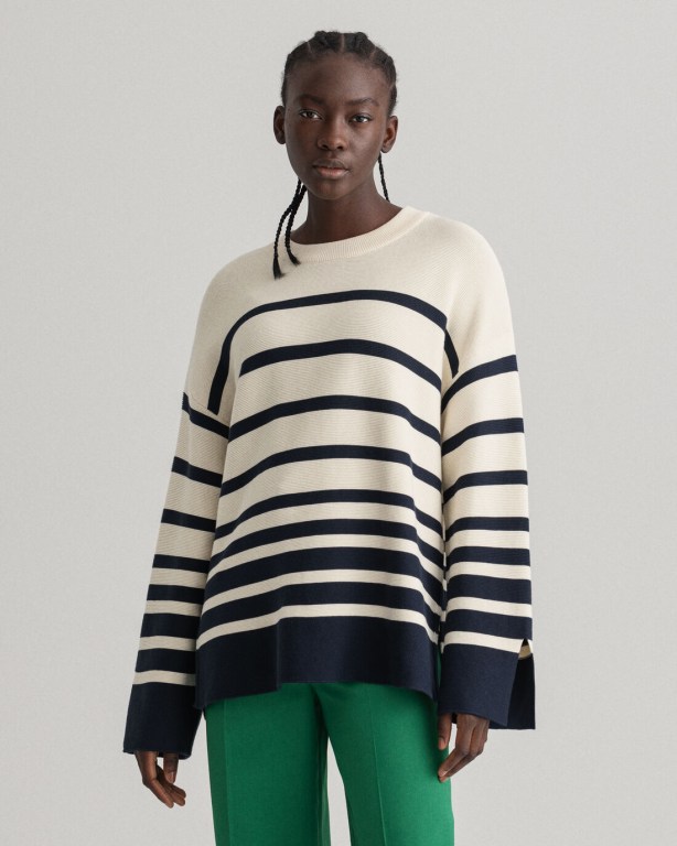 Gant Breton Stripe Crew Neck Women\'s Crew Neck Jumpers Cream | HbFkbRJgWe6