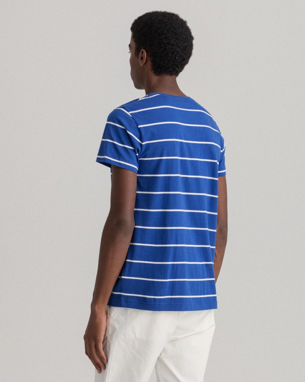 Gant Breton Stripe Men's T-shirts Blue | nVsEp2CmCjs