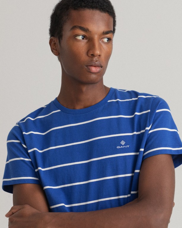 Gant Breton Stripe Men's T-shirts Blue | nVsEp2CmCjs