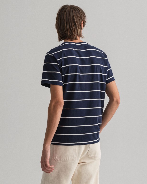 Gant Breton Stripe Men's T-shirts Blue | tCRe6L6ETLB