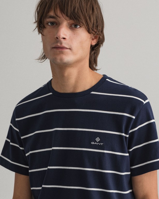 Gant Breton Stripe Men's T-shirts Blue | tCRe6L6ETLB