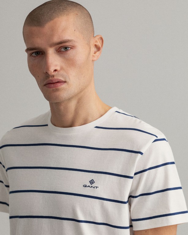 Gant Breton Stripe Men's T-shirts White | 9uP1YenKqMT