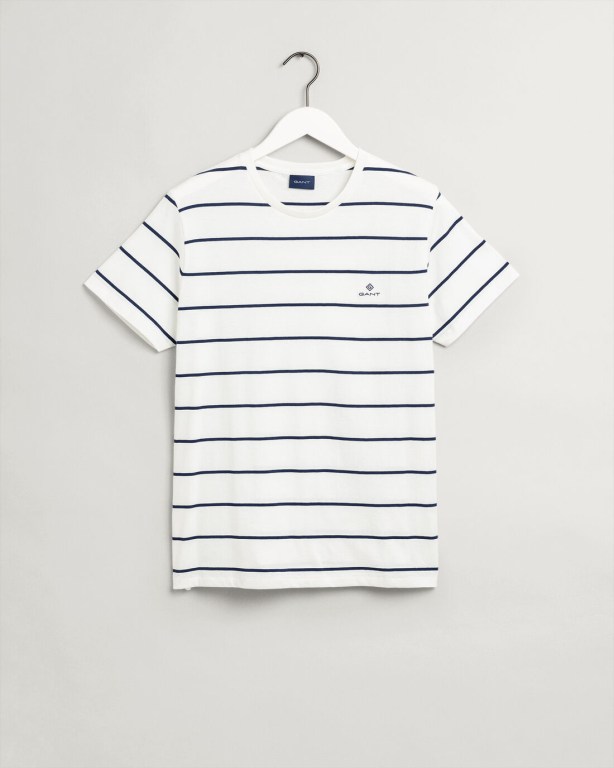 Gant Breton Stripe Men's T-shirts White | 9uP1YenKqMT