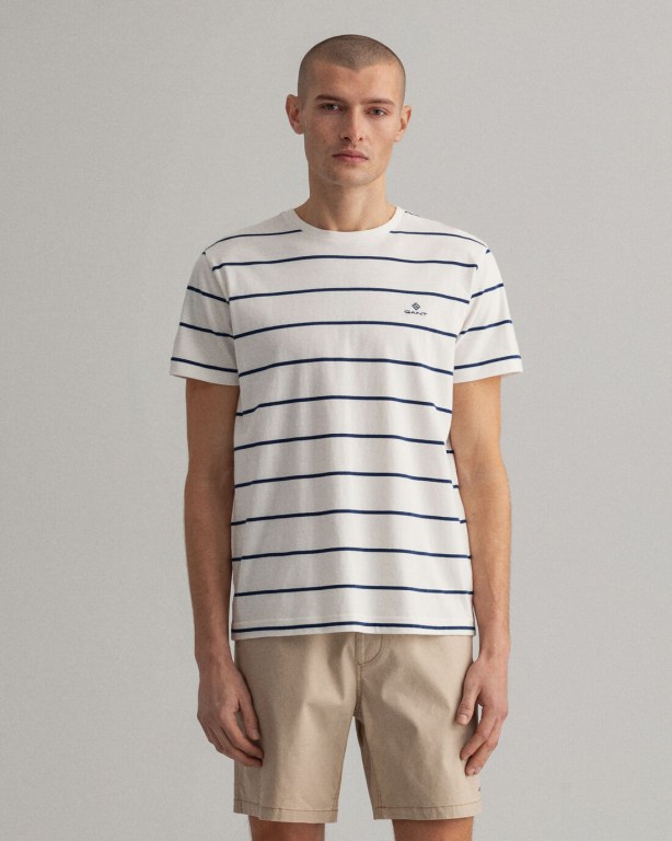 Gant Breton Stripe Men\'s T-shirts White | 9uP1YenKqMT