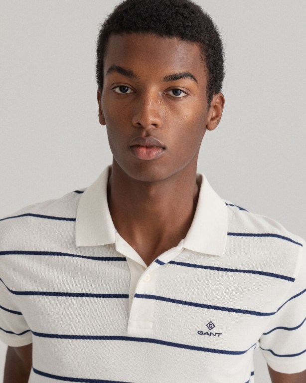 Gant Breton Stripe Piqué Men's Polo Shirts White | D3PCXpf0Z7z