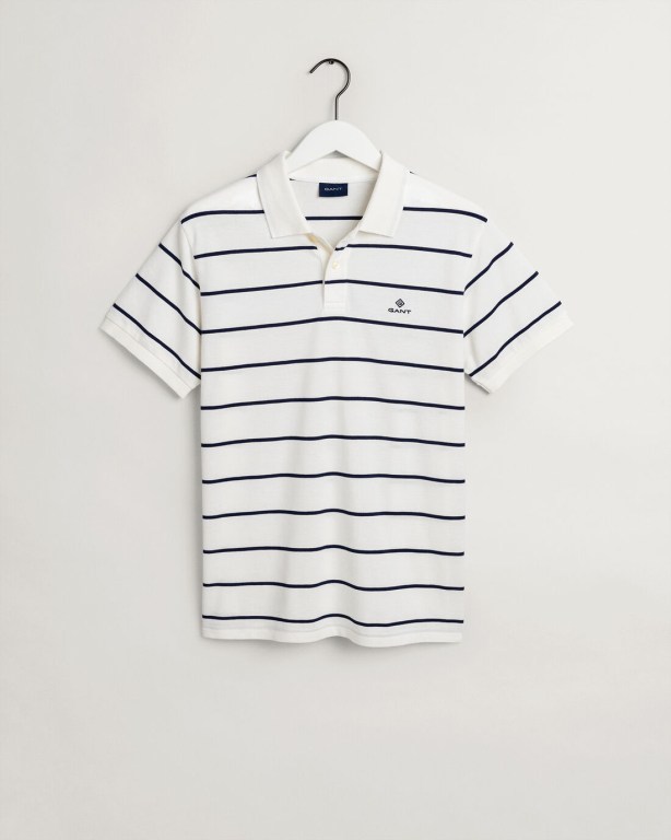 Gant Breton Stripe Piqué Men's Polo Shirts White | D3PCXpf0Z7z