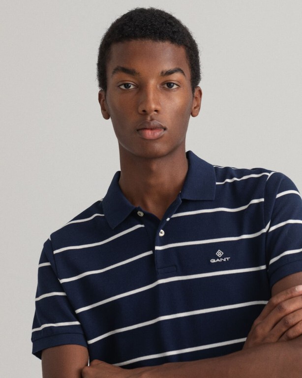 Gant Breton Stripe Piqué Men's Polo Shirts Blue | zmVMMbrnGBp