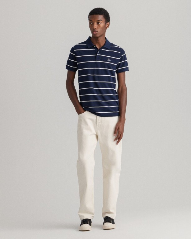 Gant Breton Stripe Piqué Men's Polo Shirts Blue | zmVMMbrnGBp