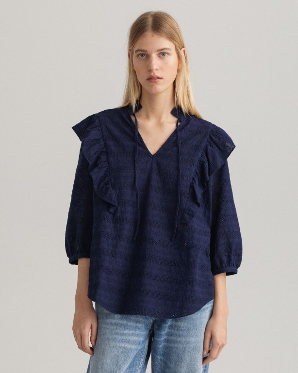 Gant Broderie Anglaise Top Women\'s Blouses Blue | 4XYWUKFZ9tD