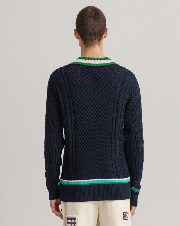 Gant Cable Cricket V-Neck Men's Cable Knit Jumpers Blue | joIeap249ZK