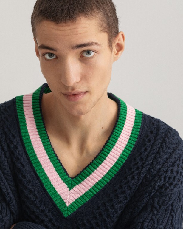 Gant Cable Cricket V-Neck Men's Cable Knit Jumpers Blue | joIeap249ZK