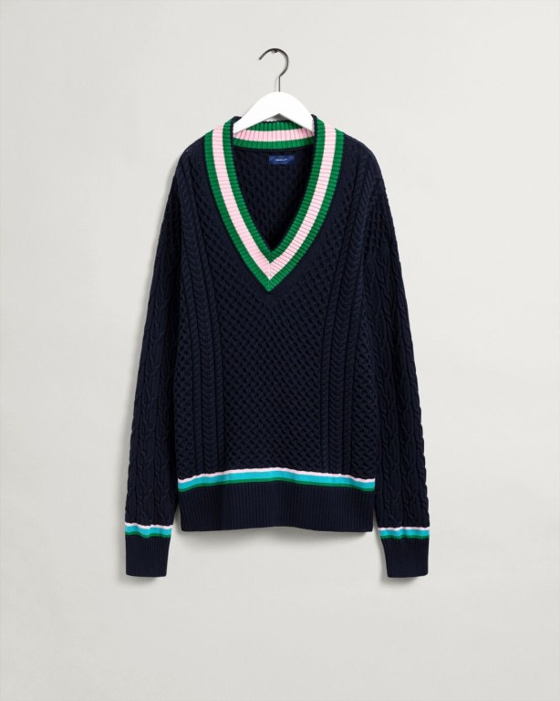 Gant Cable Cricket V-Neck Men's Cable Knit Jumpers Blue | joIeap249ZK