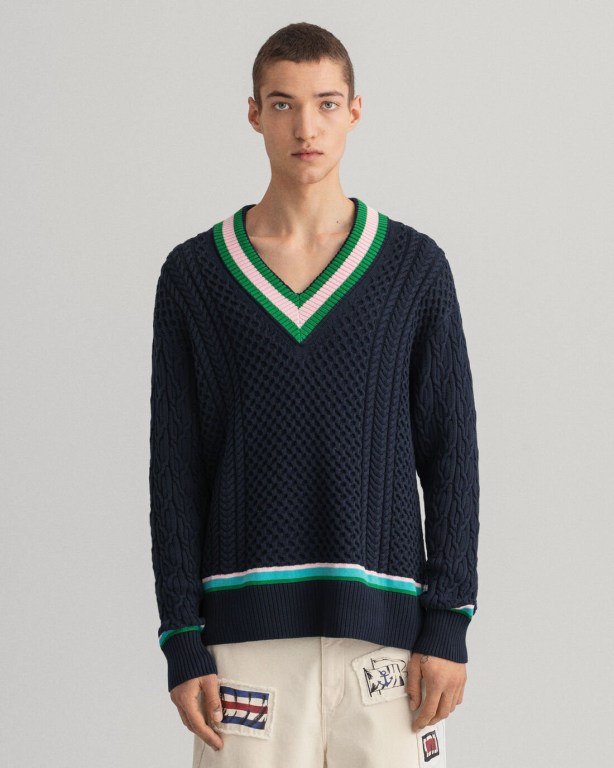 Gant Cable Cricket V-Neck Men\'s Cable Knit Jumpers Blue | joIeap249ZK