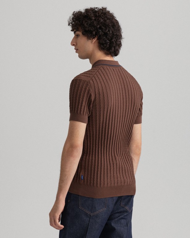 Gant Cable Polo Men's Cable Knit Jumpers Chocolate Brown | lLkdSyNT5rs