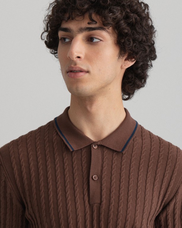 Gant Cable Polo Men's Cable Knit Jumpers Chocolate Brown | lLkdSyNT5rs