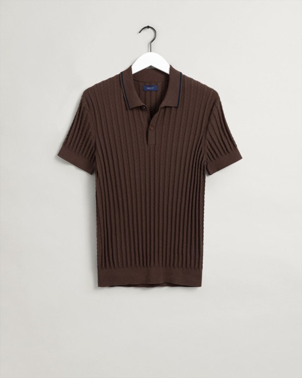 Gant Cable Polo Men's Cable Knit Jumpers Chocolate Brown | lLkdSyNT5rs