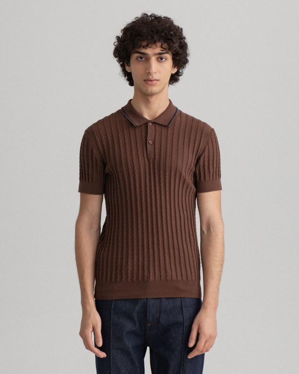 Gant Cable Polo Men\'s Cable Knit Jumpers Chocolate Brown | lLkdSyNT5rs