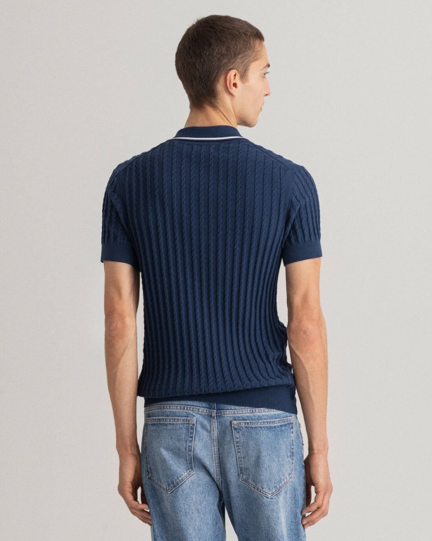 Gant Cable Polo Men's Cable Knit Jumpers Blue | sJ8kWHwrZIH