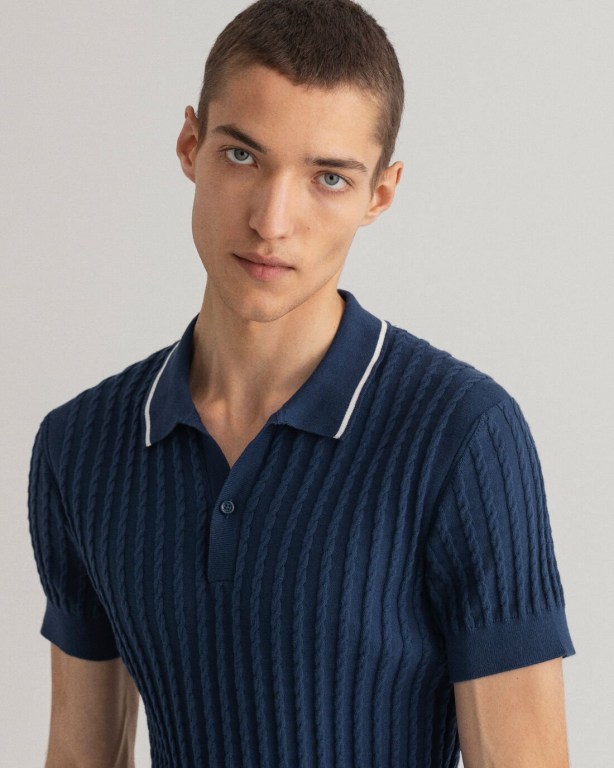 Gant Cable Polo Men's Cable Knit Jumpers Blue | sJ8kWHwrZIH