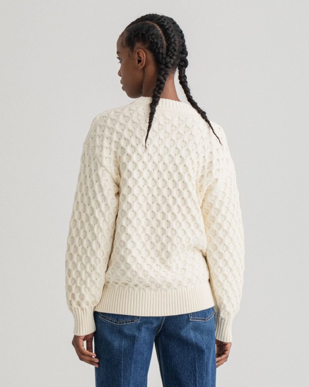 Gant Cable Structure Crew Neck Women's Cable Knit Jumpers Cream | JXvoBF0tSZf