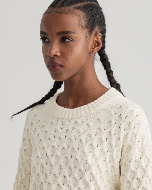 Gant Cable Structure Crew Neck Women's Cable Knit Jumpers Cream | JXvoBF0tSZf