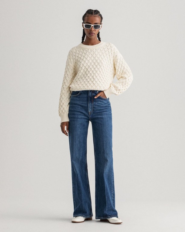 Gant Cable Structure Crew Neck Women's Cable Knit Jumpers Cream | JXvoBF0tSZf