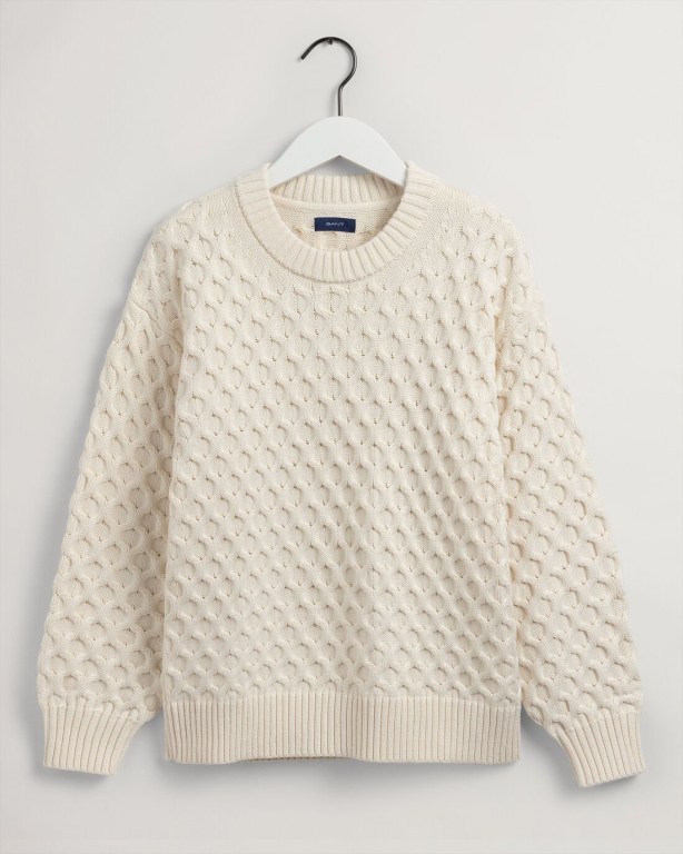 Gant Cable Structure Crew Neck Women's Cable Knit Jumpers Cream | JXvoBF0tSZf