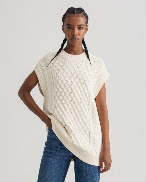 Gant Cable Structure Vest Women\'s Cable Knit Jumpers Cream | dpHCKQBi04w