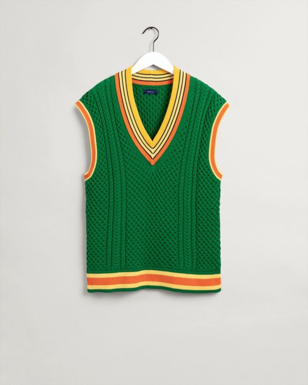 Gant Cable Vest Men's Cable Knit Jumpers Green | u8o0mEDFRDm