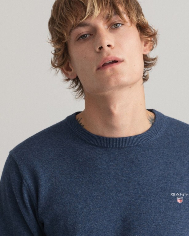 Gant Classic Cotton Crew Neck Men's Crewneck Jumpers Blue | 9DPavGonYRE