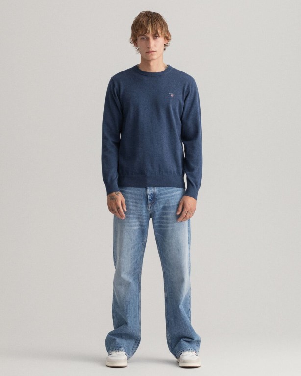 Gant Classic Cotton Crew Neck Men's Crewneck Jumpers Blue | 9DPavGonYRE