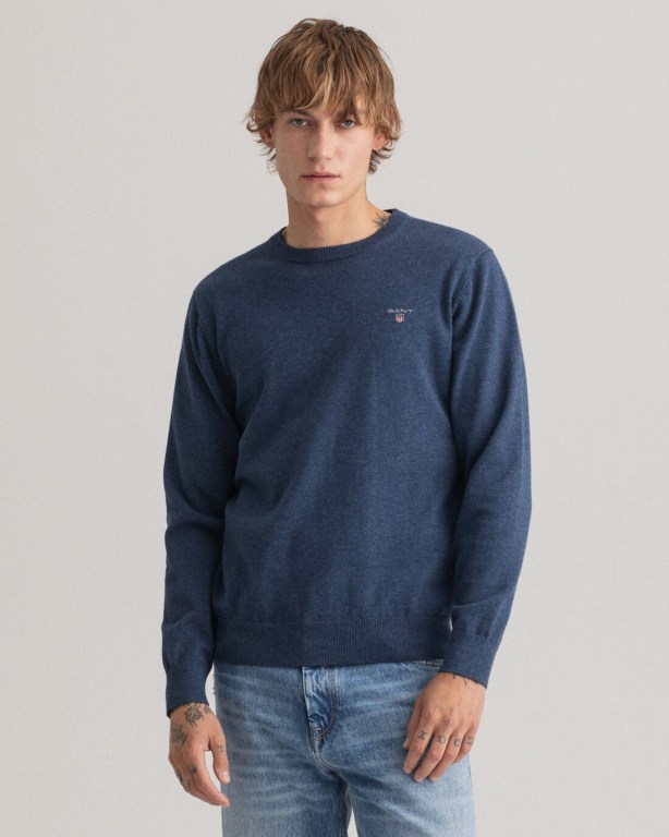 Gant Classic Cotton Crew Neck Men\'s Crewneck Jumpers Blue | 9DPavGonYRE