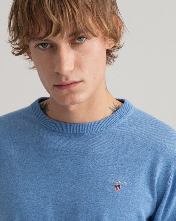 Gant Classic Cotton Crew Neck Men's Crewneck Jumpers Blue | e2fs7YVO8tF