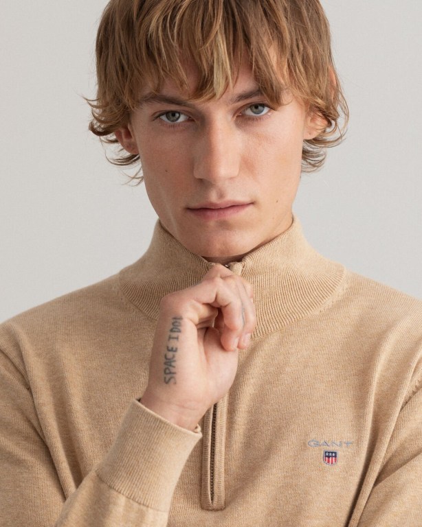 Gant Classic Cotton Men's Half Zip Jumpers Khaki | ZsPhBY9ui7p