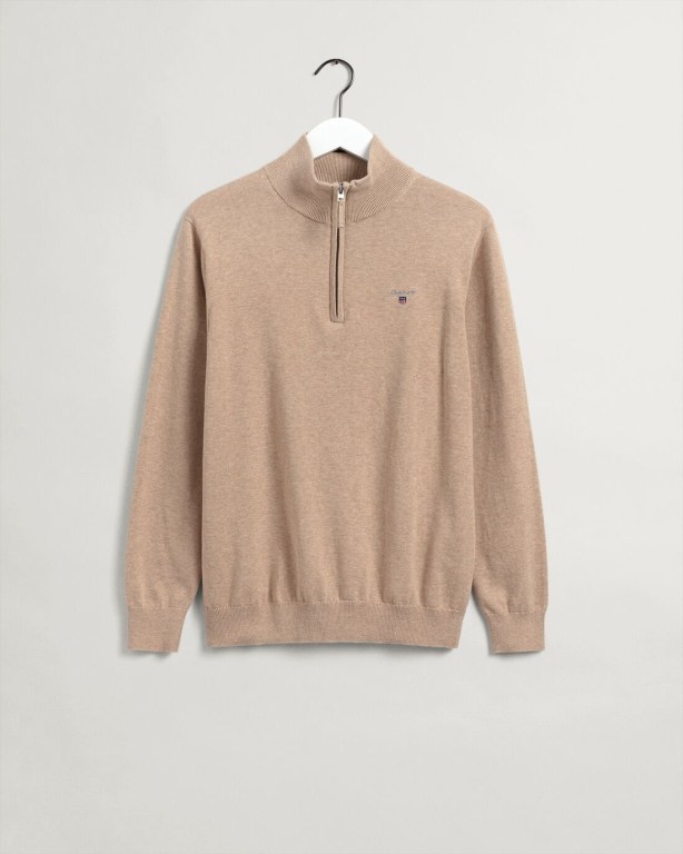 Gant Classic Cotton Men's Half Zip Jumpers Khaki | ZsPhBY9ui7p