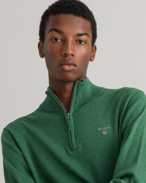 Gant Classic Cotton Men's Half Zip Jumpers Green | lpXU8o5A8og