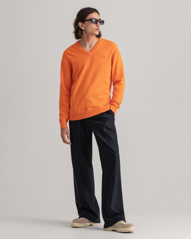 Gant Classic Cotton Men's V-neck Jumpers Orange | 1P074HOds4I