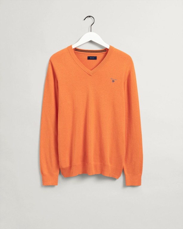 Gant Classic Cotton Men's V-neck Jumpers Orange | 1P074HOds4I